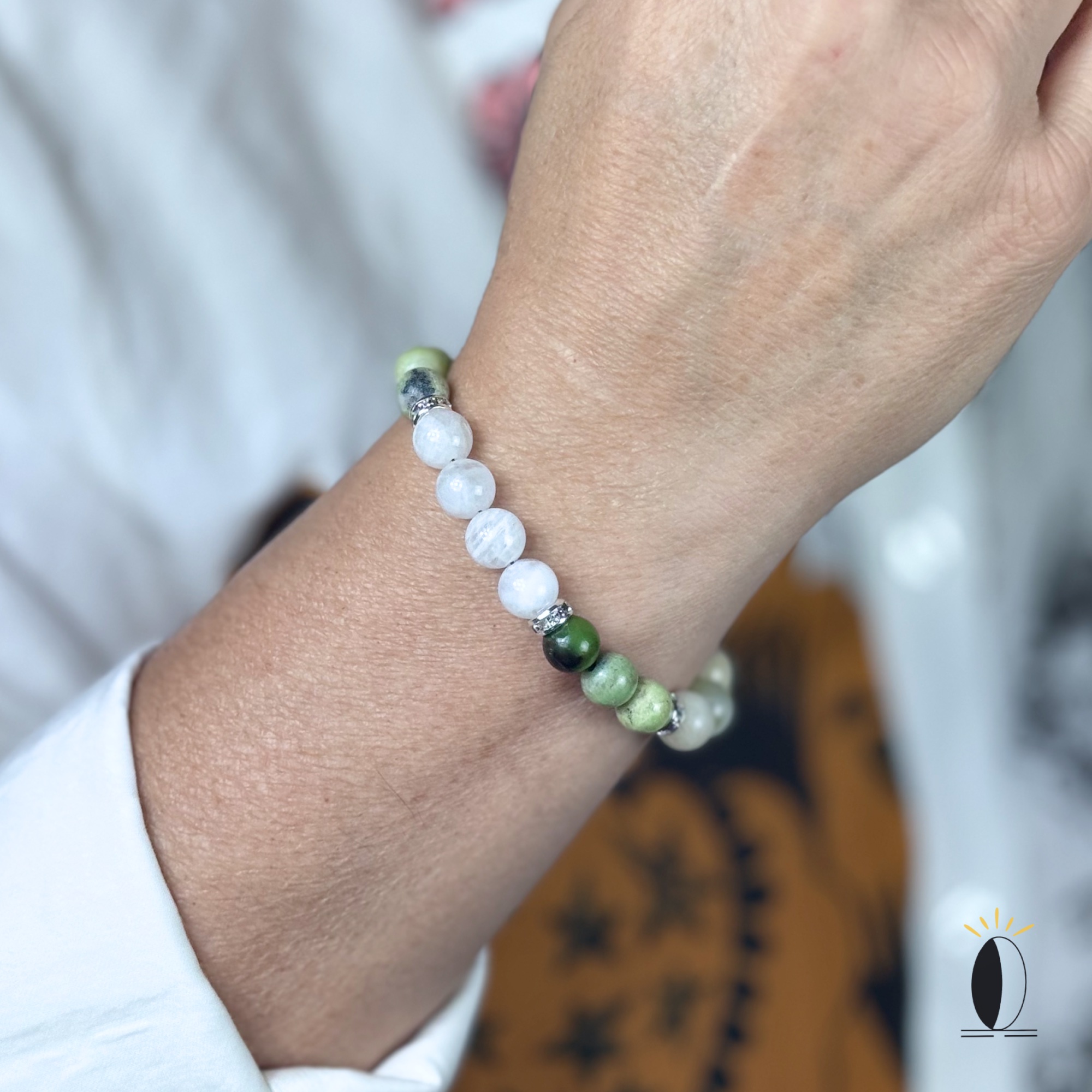 Bransoletka z kamieniami naturalnymi: księżycowy, chryzopraz, amazonit kamienie szlachytny Bransoletka z kamieniami naturalnymi: księżycowy, chryzopraz, amazonit