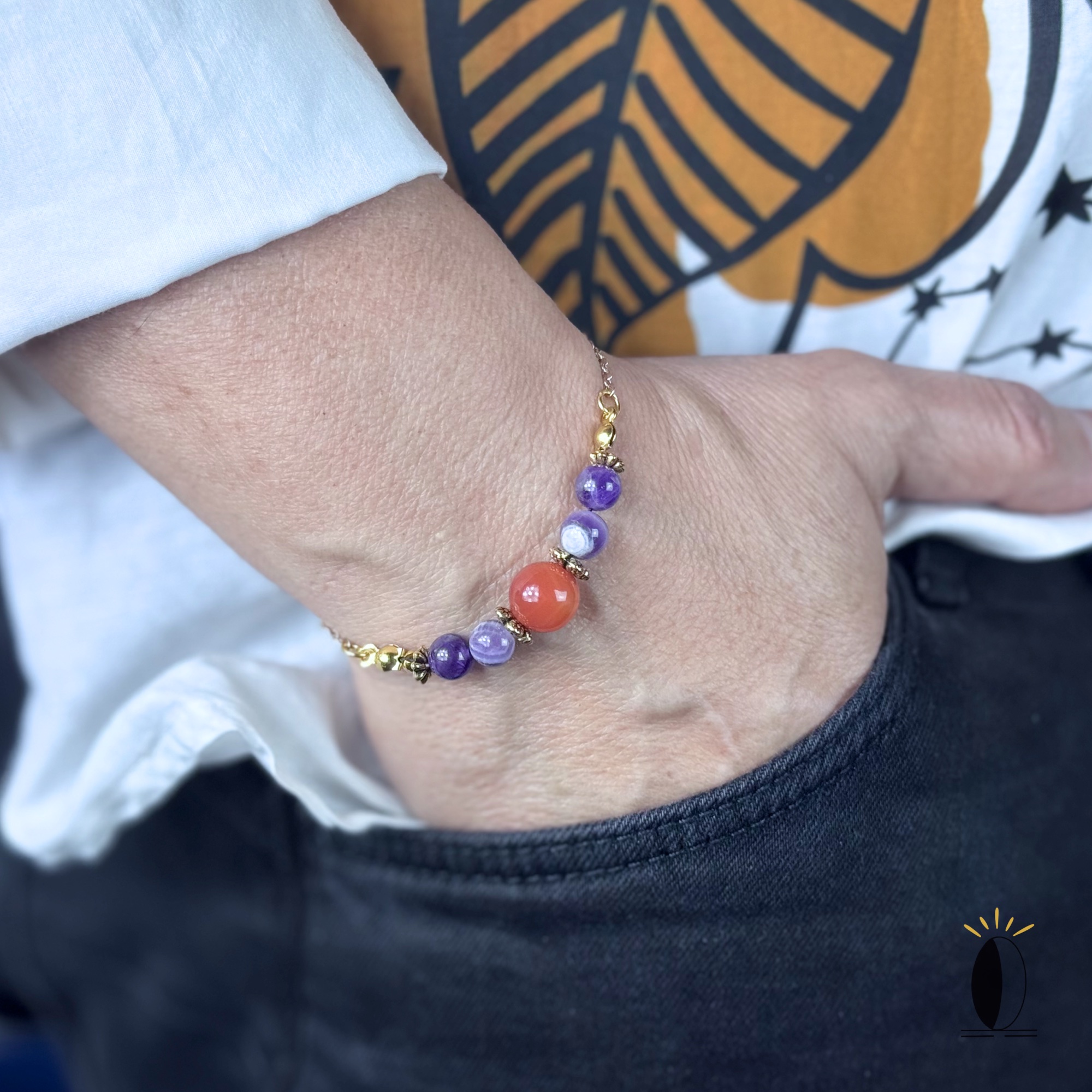 Bransoletka z ametystem i agatem na łańcuszku kamienie szlachytny Bransoletka z ametystem i agatem na łańcuszku