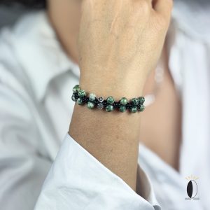 Bransoletka z jadeitu 6 mm na plecionej skórze kamienie szlachytny Bransoletka skórzana z kamieniami